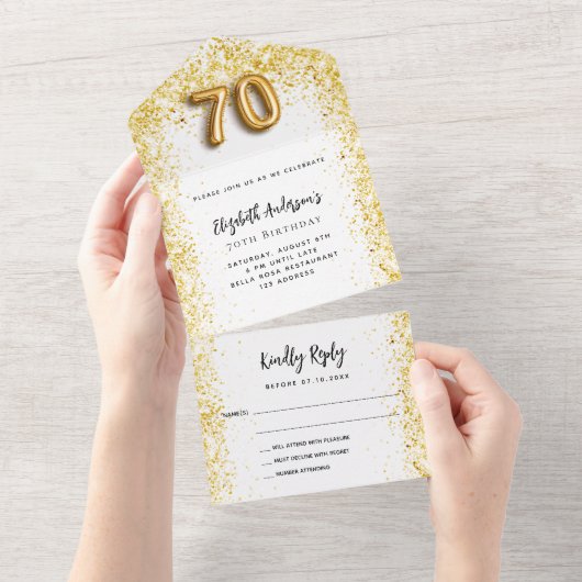 70e verjaardag witgouden feest RSVP All In One Uitnodiging (Afscheurbaar)
