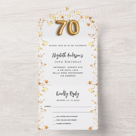 70e verjaardag witgouden sterren partij RSVP All In One Uitnodiging (Binnen)