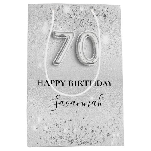 70e verjaardag zilverglitterstofmonogram medium cadeauzakje (Voorkant)