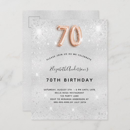 70e verjaardag zilvermetaal roos goud glitter uitnodiging briefkaart (Voorkant / Achterkant)