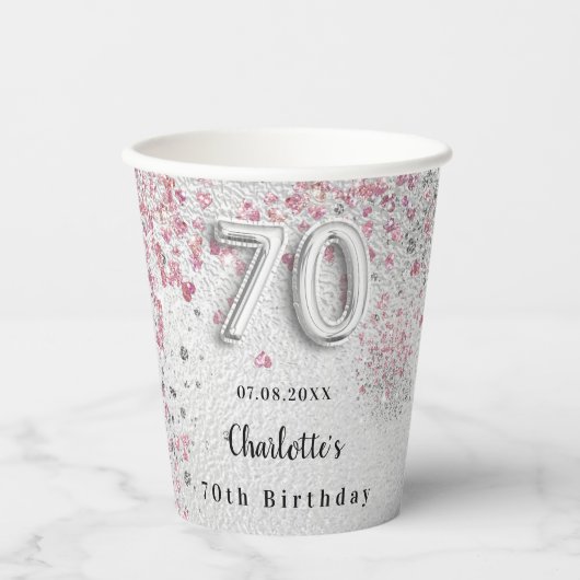 70e verjaardag zilverroze glitter naam papieren bekers (Voorkant)