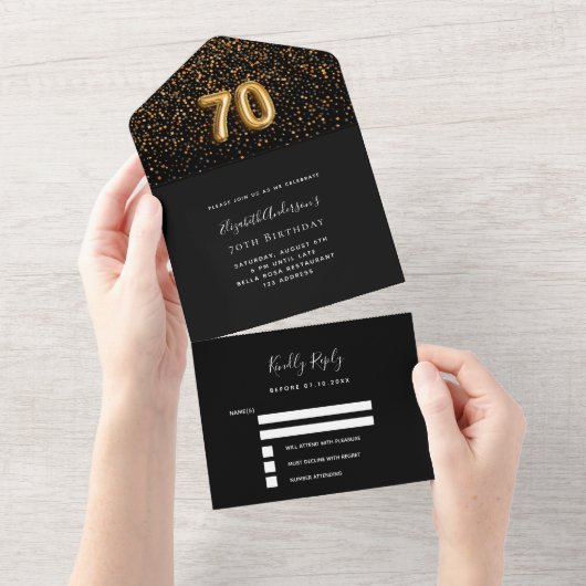70e verjaardag zwart goud confetti RSVP All In One Uitnodiging (Afscheurbaar)