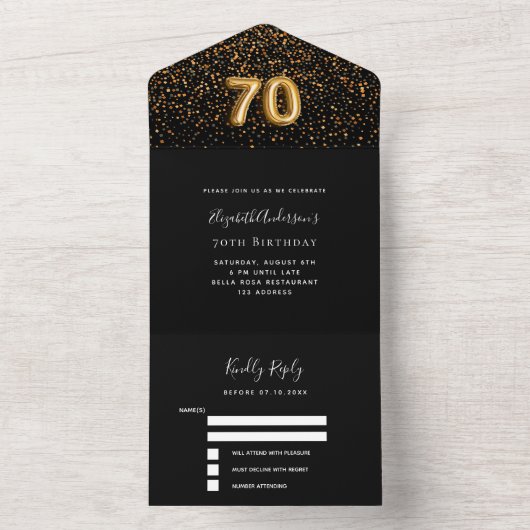 70e verjaardag zwart goud confetti RSVP All In One Uitnodiging (Binnen)