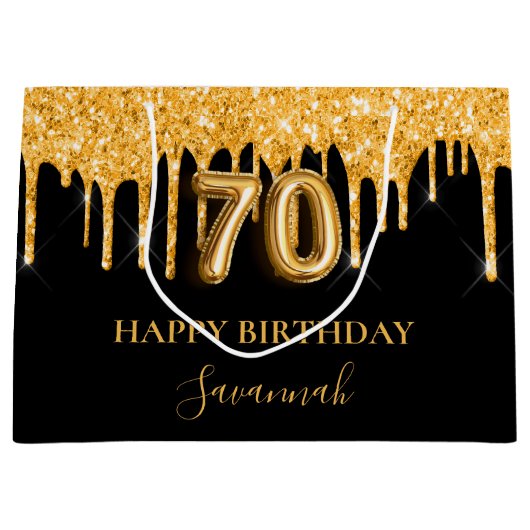 70e verjaardag zwart goud glitter druipt naam groot cadeauzakje (Voorkant)