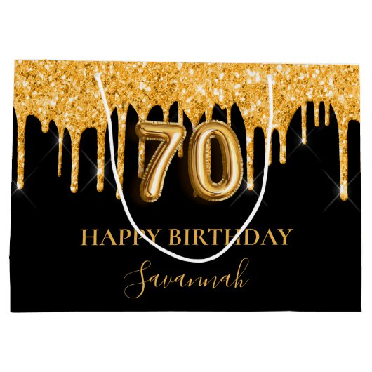70e verjaardag zwart goud glitter druipt naam groot cadeauzakje (Achterkant)