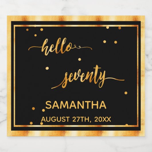 70e verjaardag zwart goud hallo naamscript 70 sparkling wijnetiket (Enkel label)