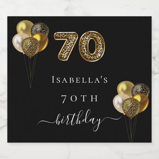 70e verjaardag zwart goud luipaard print ballonnen sparkling wijnetiket (Enkel label)