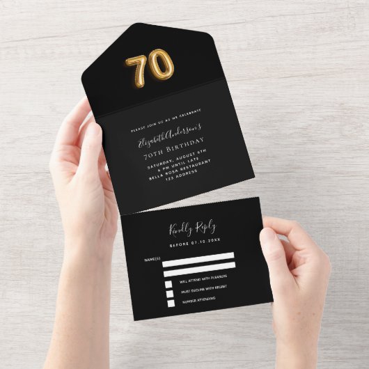 70e verjaardag zwart goud RSVP All In One Uitnodiging (Afscheurbaar)