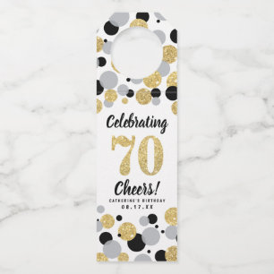 70e Verjaardag Zwart Grijs Goud Glitter Confetti Flessenhanger