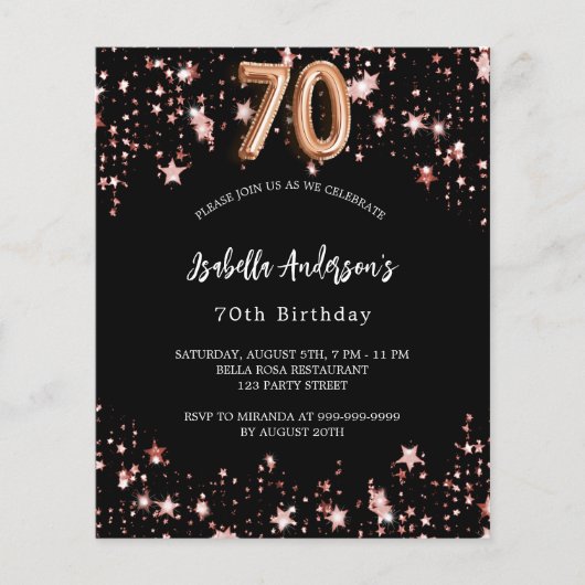 70e verjaardag zwart roos gouden budget uitnodigin flyer (Voorkant)