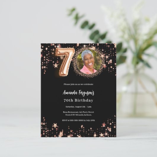 70e verjaardag zwart roos gouden fotouitnodiging (Staand voorkant)