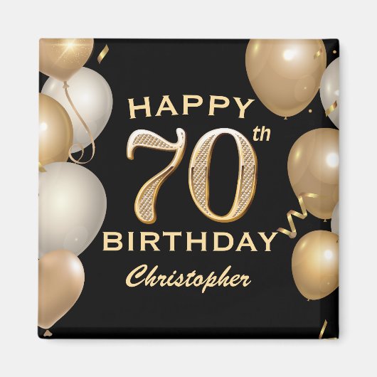 70e verjaardag Zwarte en gouden ballonnen Magneet (Voorkant)