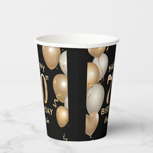 70e verjaardag Zwarte en gouden ballonnen Papieren Bekers (Rechts)