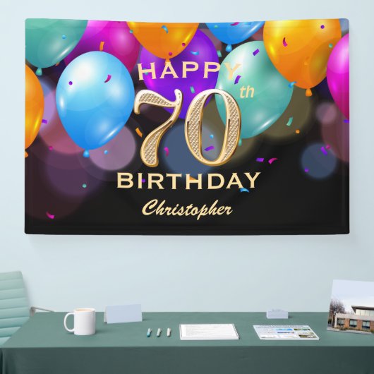 70e verjaardag Zwarte en gouden ballonnen Spandoek (Beurs)