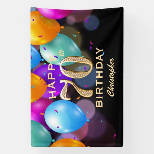 70e verjaardag Zwarte en gouden ballonnen Spandoek (Verticaal)