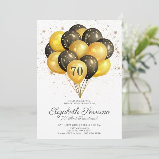 70e verjaardag zwarte en goudglitteruitnodiging kaart (Staand voorkant)