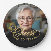 70e Verjaardagsfeest Foto Gold Script Cheers Papieren Bordje (Voorkant)