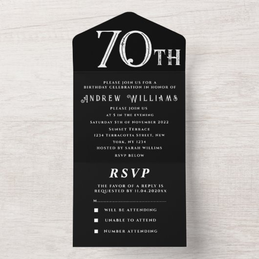 70e verjaardagsfeestje zwart wit eenvoudig modern all in one uitnodiging (Binnen)