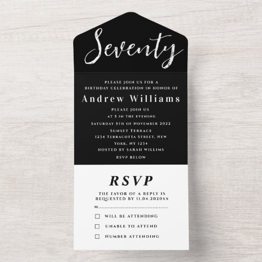 70e verjaardagsfeestje zwart wit eenvoudig modern all in one uitnodiging (Binnen)