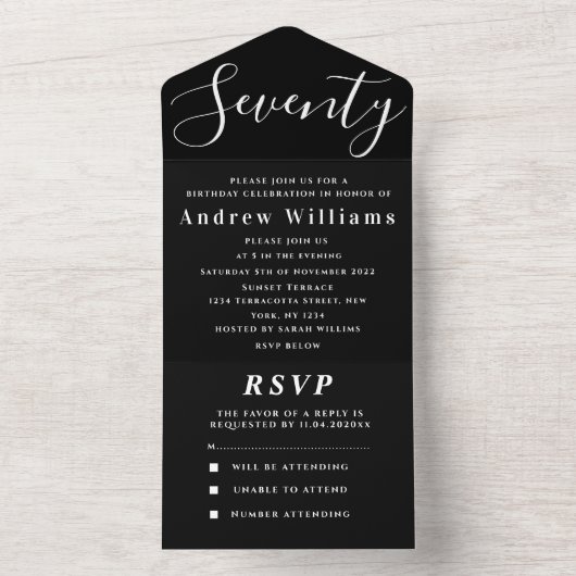70e verjaardagsfeestje zwart wit eenvoudig modern all in one uitnodiging (Binnen)