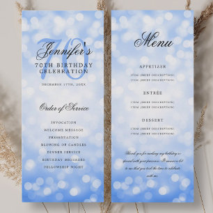 70e verjaardagsprogramma Navy Blue Bokeh Menu Kaart
