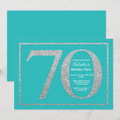 70e verjaardagsuitnodiging Blauwgroen en Silver Gl Kaart (Voorkant / Achterkant)