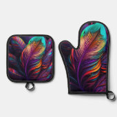 70s 60s Psychedelic Feathers  Ovenwant & Pannenlap Set (Voorkant)
