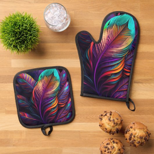 70s 60s Psychedelic Feathers  Ovenwant & Pannenlap Set (Top down)
