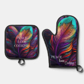 70s 60s Psychedelic Feathers  Ovenwant & Pannenlap Set (Voorkant)