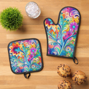 70s 60s Psychedelische Hippie Retro Hip Ovenwant & Pannenlap Set