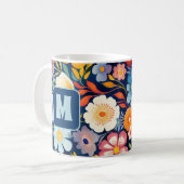 70s 60s Retro Bloemen Monogram Blauw en Sinaasappe Koffiemok (Voorkant links)
