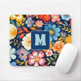 70s 60s Retro Bloemen Monogram Blauw en Sinaasappe Muismat