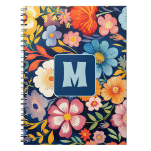 70s 60s Retro Bloemen Monogram Blauw en Sinaasappe Notitieboek
