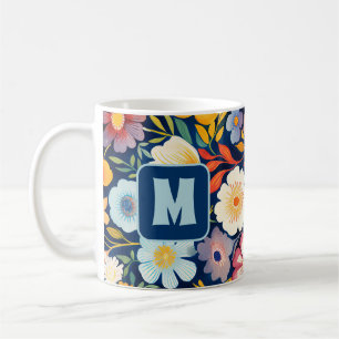 70s 60s Retro Bloemig Monogram Blauwe en Oranje Koffiemok