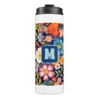 70s 60s Retro Bloemig Monogram Blauwe en Oranje 
