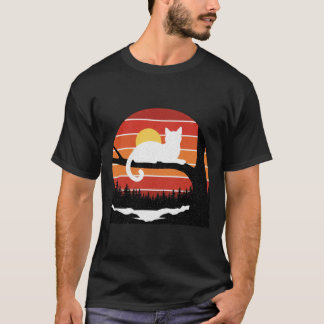 70s 80s Style Cat on Tree Branch Sunset Art T-shirt