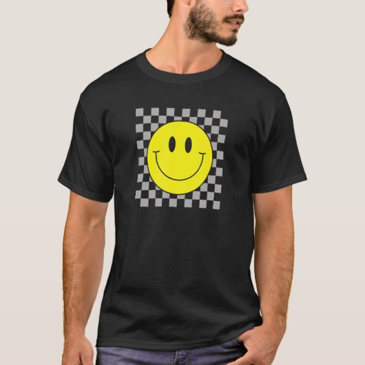 70s Gele glimlach Face Cute Checkered Smiling Happ T-shirt (Voorkant)