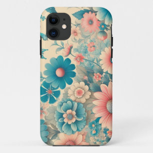 70s  Meadow Blauw & Roze Bloemen iPhone 11 Hoesje