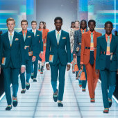 70s  Navy blauw geel roze strepen patroon Stropdas