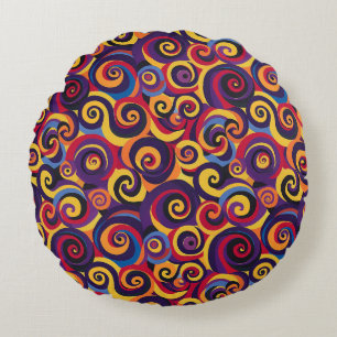70s Psychedelische Retro Swirl Patroon   felrood, Rond Kussen