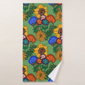 70s Retro Bloemen Groen - Retro midden eeuw modern Badhanddoek (Badhanddoek)