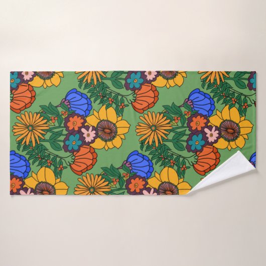 70s Retro Bloemen Groen - Retro midden eeuw modern Badhanddoek (Badhanddoek)