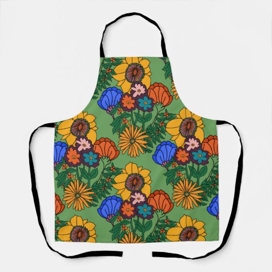 70s Retro Bloemen Groen - Retro midden eeuw modern Schort (Voorkant)