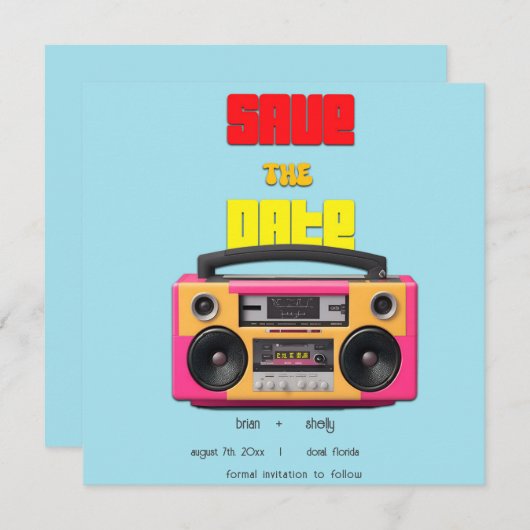 70s Retro Boombox Bewaar de datum aankondiging Kaa (Voorkant / Achterkant)