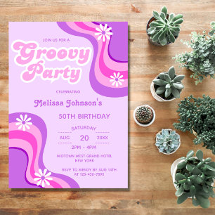 70s Retro Groovy Party Daisies Paarse Verjaardag Kaart