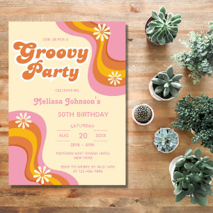 70s Retro Groovy Party Daisies Peach Verjaardag Kaart