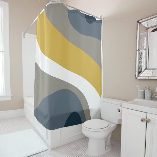 70s Retro Groovy Pattern Navy, Mustard, Grey Douchegordijn (In situ)