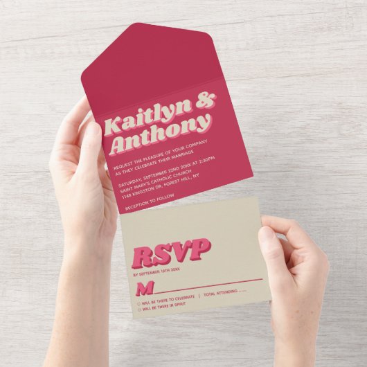 70's Retro Groovy Viva Magenta Wedding All In One Uitnodiging (Afscheurbaar)