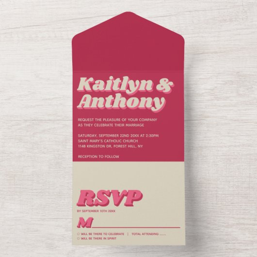 70's Retro Groovy Viva Magenta Wedding All In One Uitnodiging (Binnen)