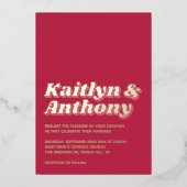 70's Retro Groovy Viva Magenta Wedding Real Folie Uitnodiging (Voorkant)